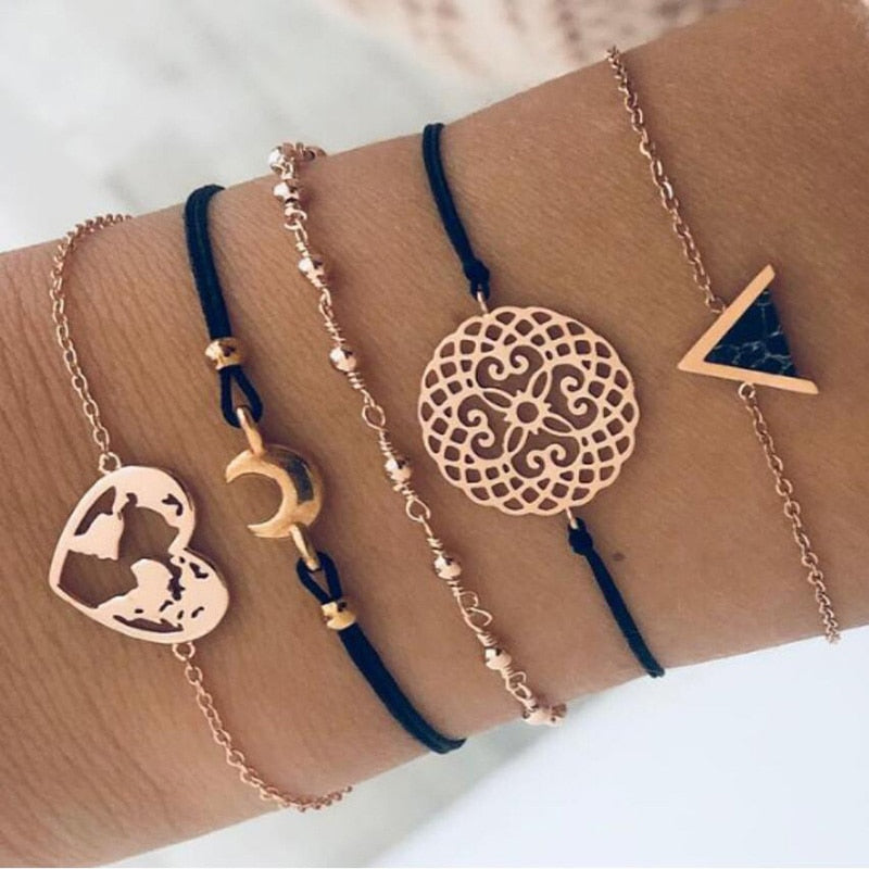 Boho Geometric Bracelet &amp; Bangle Sets For Women Vintage Star Map Hand Heart charm Beads Chains Fashion Jewelry Accessories
