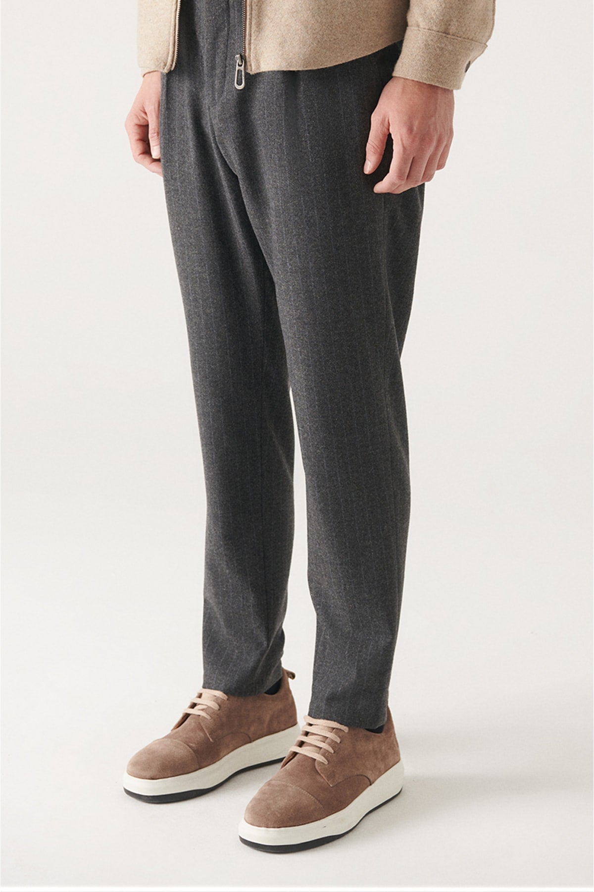 Anthracite woolen pleated striped relaxed fit suit pants