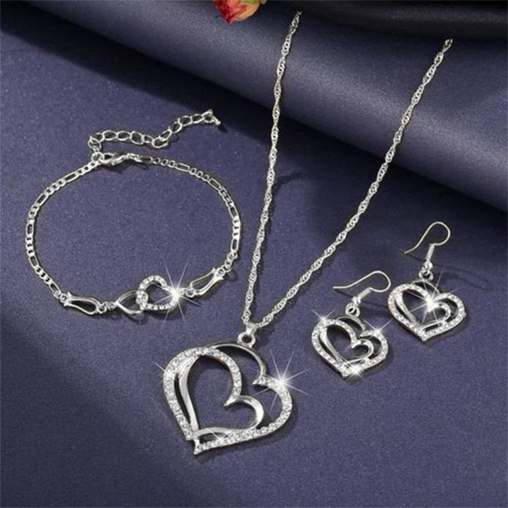 Exquisite Double Heart Necklace Earrings Bracelet Jewelry Set Charm Ladies Jewelry Fashion Bridal Accessory Set Romantic Gifts