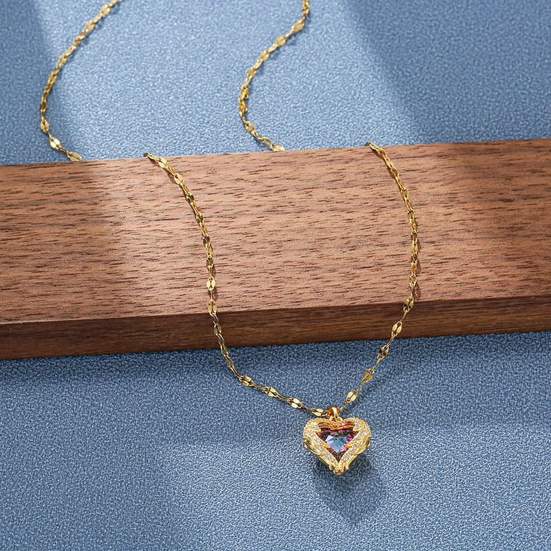 Luxury Zircon Crystal Ocean Heart Pendant Necklace For Women Korean Fashion Stainless Steel Jewelry Female Wedding Neck Chain