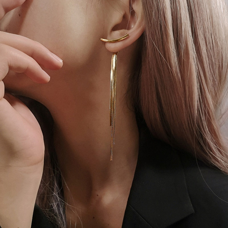 Koreanische Vintage Glänzend Arc Bar Lange Quaste Drop Ohrringe für Frauen Gold Farbe Geometrische Mode Schmuck Luxus Hängen Pendientes