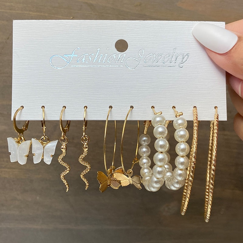 17KM Pearl Hoop Earrings Set For Women Geometric Metal Gold Color Butterfly Circle Hoop Earrings Trendy Jewelry Fashion Earring