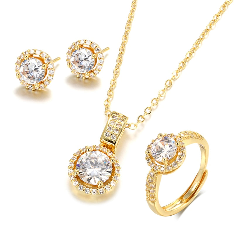 Kinel 18K Gold Zircon Jewelry Sets Engagement Ring Necklace Earring for Bridal Wedding Jewelry Valentine&#39;s Day Gift for Women