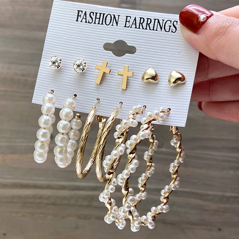 17KM Pearl Hoop Earrings Set For Women Geometric Metal Gold Color Butterfly Circle Hoop Earrings Trendy Jewelry Fashion Earring