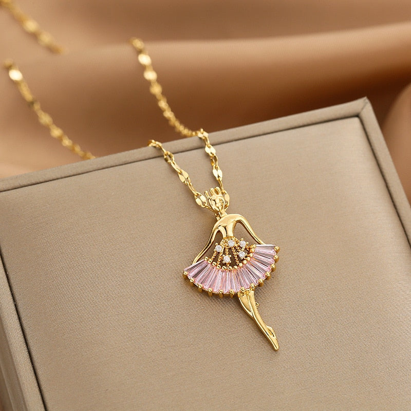 Gold Color Necklace for Women Zircon Jewelry Pendant Necklace Stainles Steel Mermaid Heart Butterfly Stainless Steel Sunflower