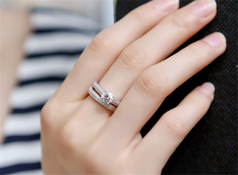 CC Rings For Women Silver Color Double Stackable Fashion Jewelry Bridal Sets Wedding Engagement Ring Accessory CC634