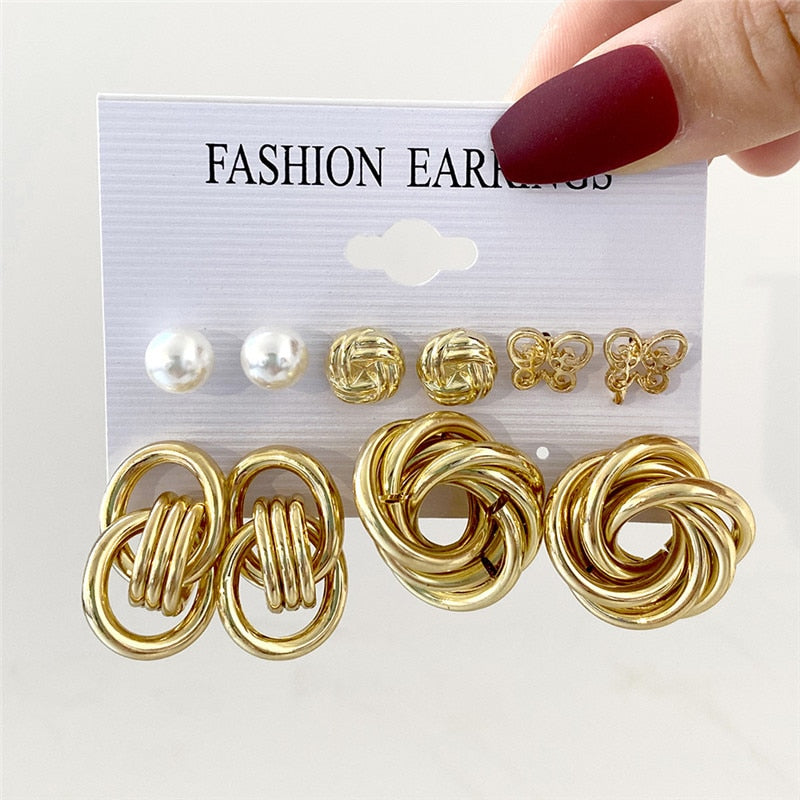 Gold Color Pearl Hoop Earrings Set Metal Dangle Earrings Vintage Circle Geometric Twist for Women Girls Trendy Jewelry Gifts