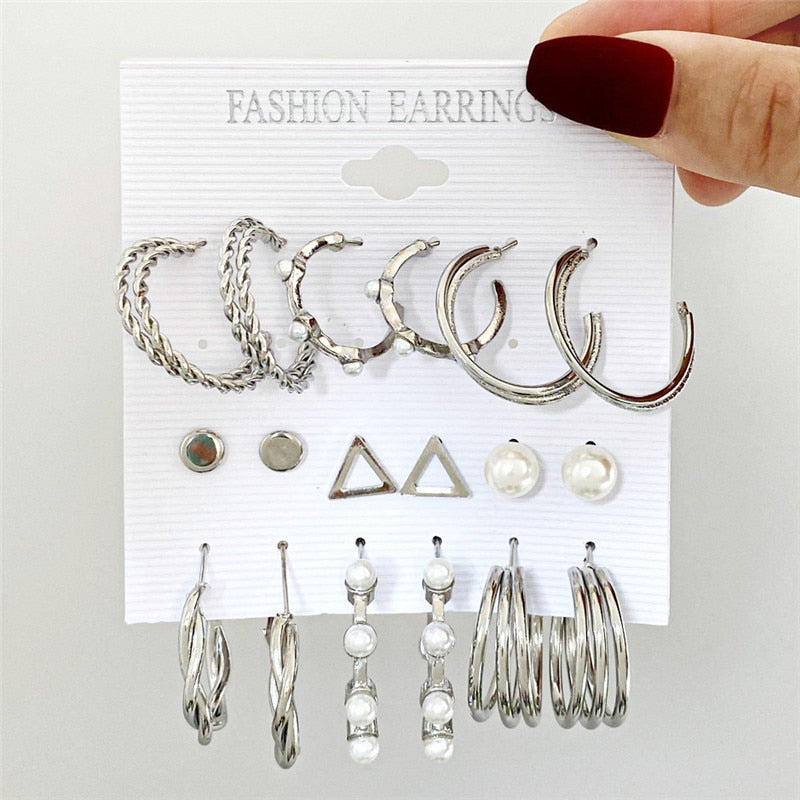 Gold Color Pearl Hoop Earrings Set Metal Dangle Earrings Vintage Circle Geometric Twist for Women Girls Trendy Jewelry Gifts