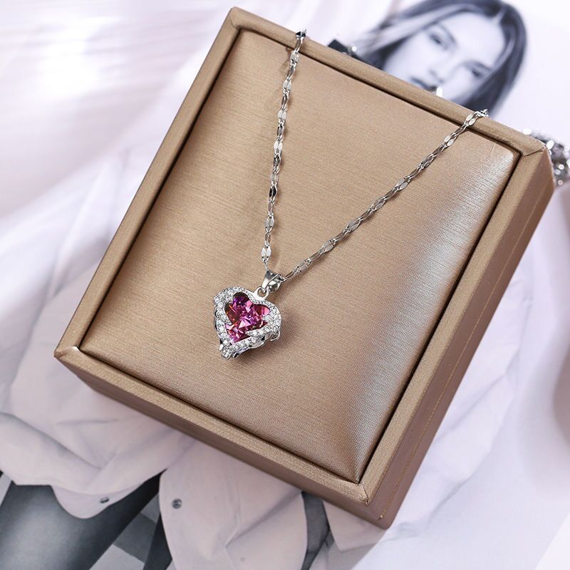 Luxury Zircon Crystal Ocean Heart Pendant Necklace For Women Korean Fashion Stainless Steel Jewelry Female Wedding Neck Chain