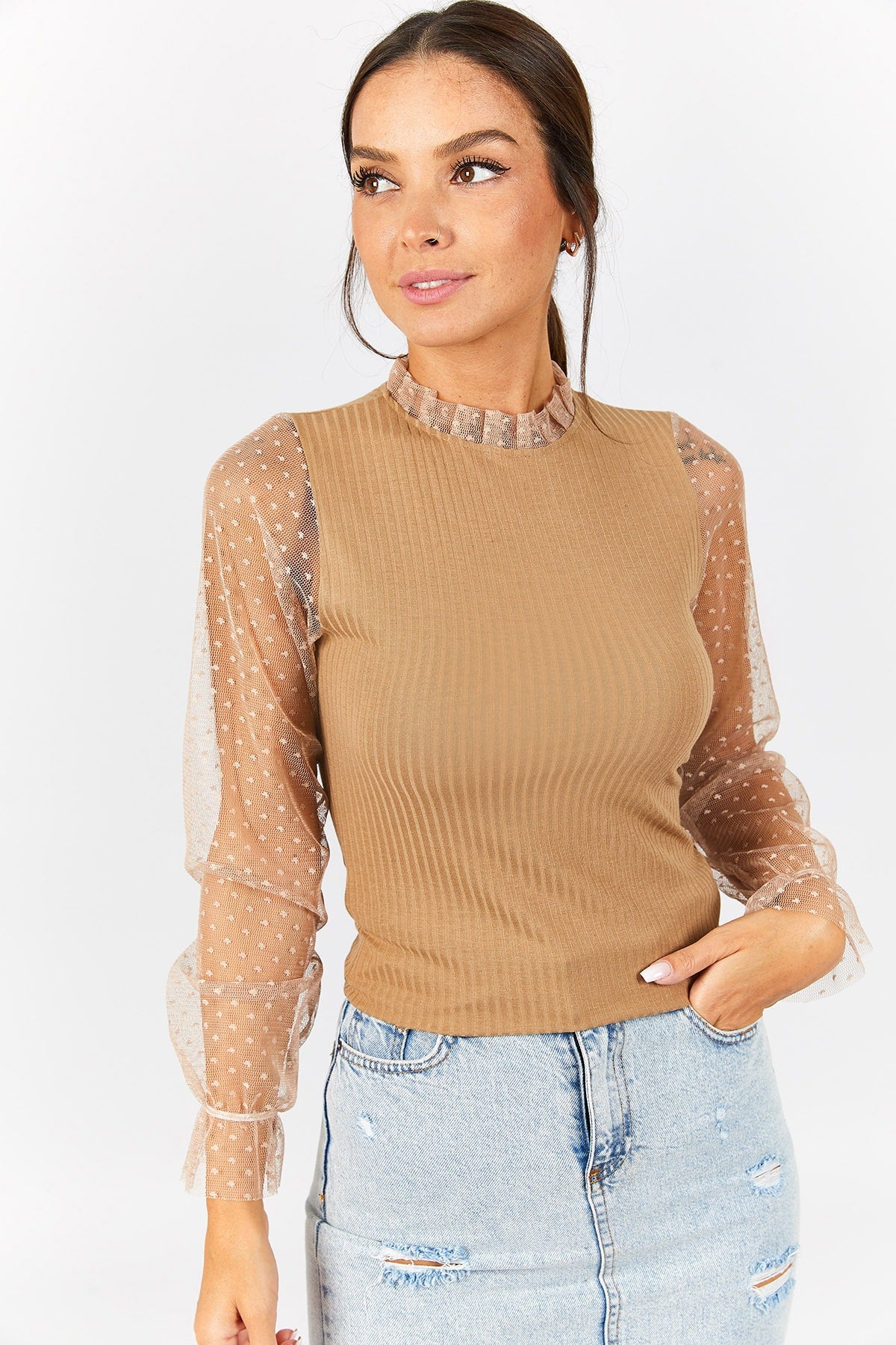 Female mink arm and collar Tulle wick knitwear sweater ARM-22K001043