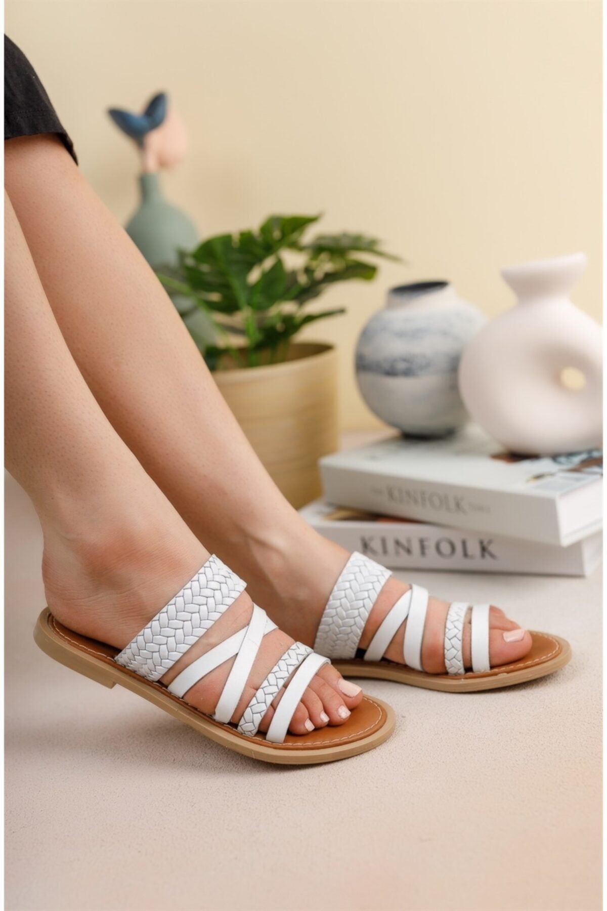 Woman White Genuine Leather Slippers