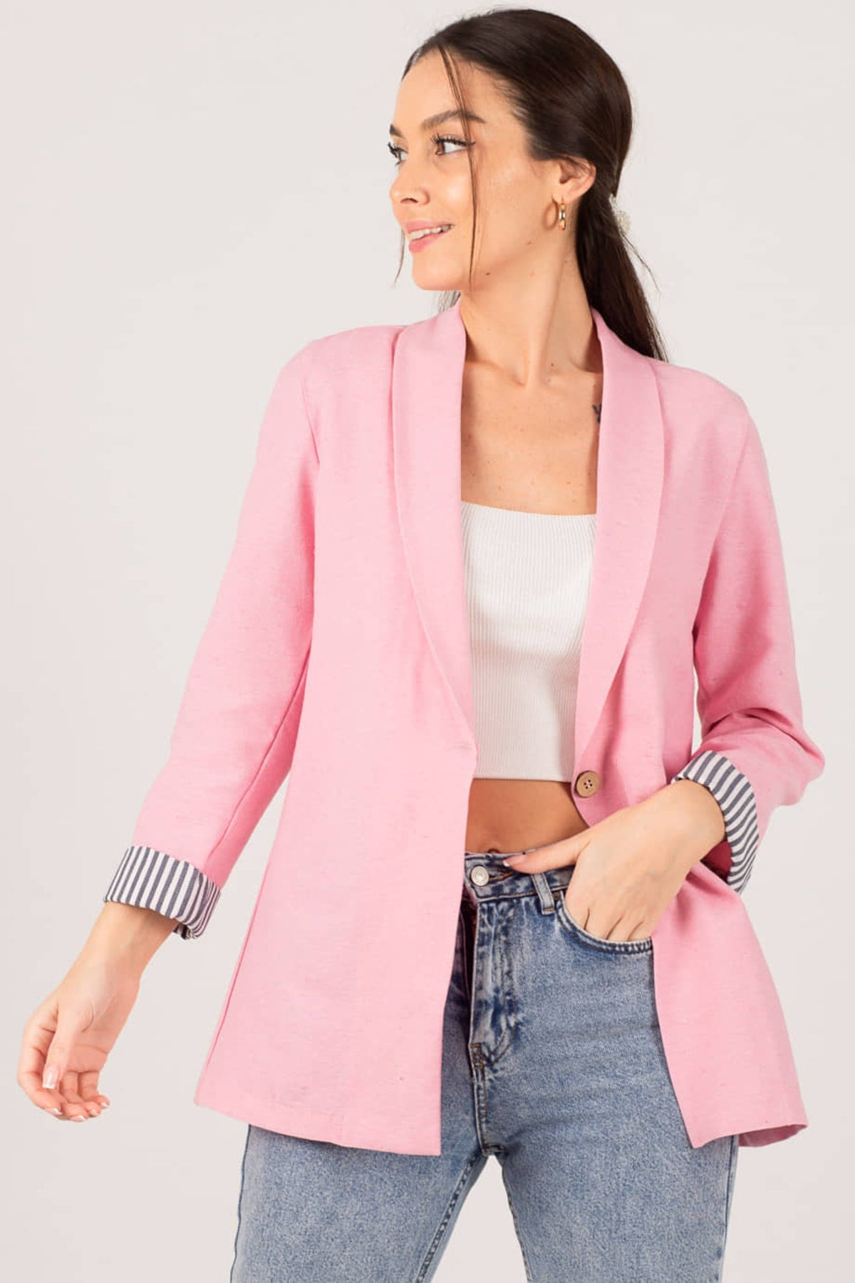 WOMEN Pink Sleeve Striped Single button Jacket ARM-22K001122