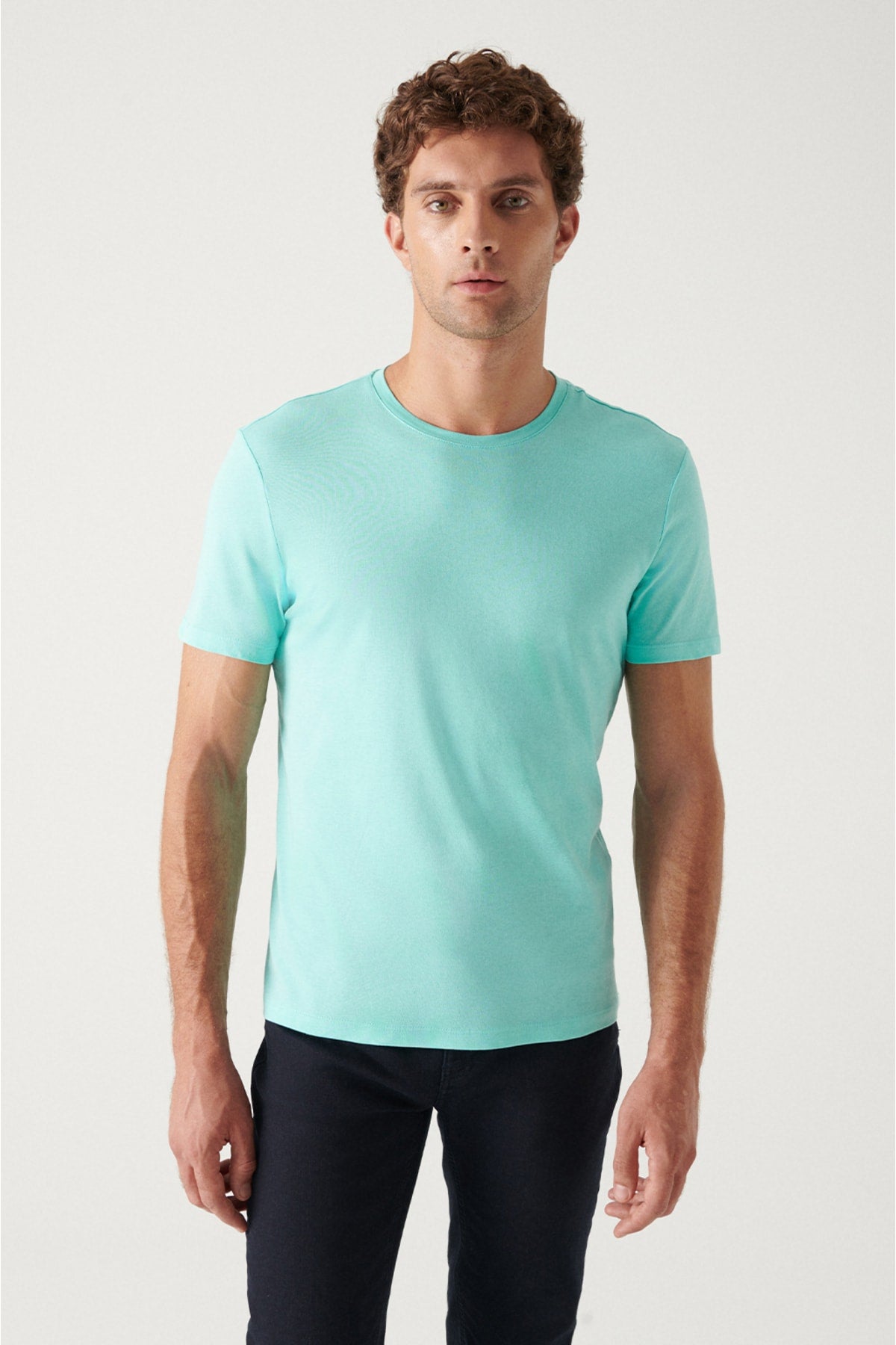 Men's Turquoise Bicycle Collar Slim Fit 100 %Cotton Basic Basic T-Shirt E001000