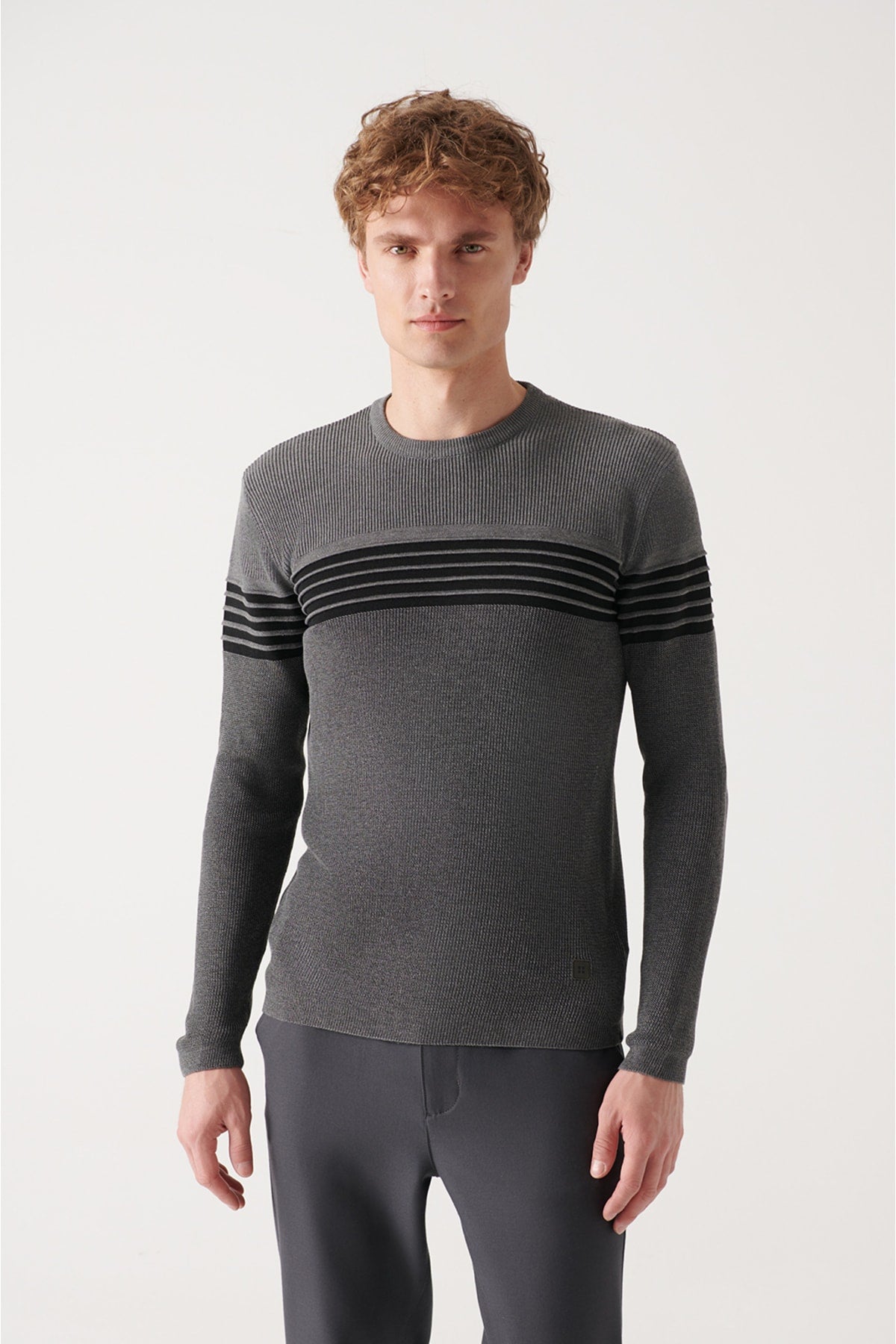 Men's gray bike collar panel detailed Thessaloniki Knitwear sweater A22y5076