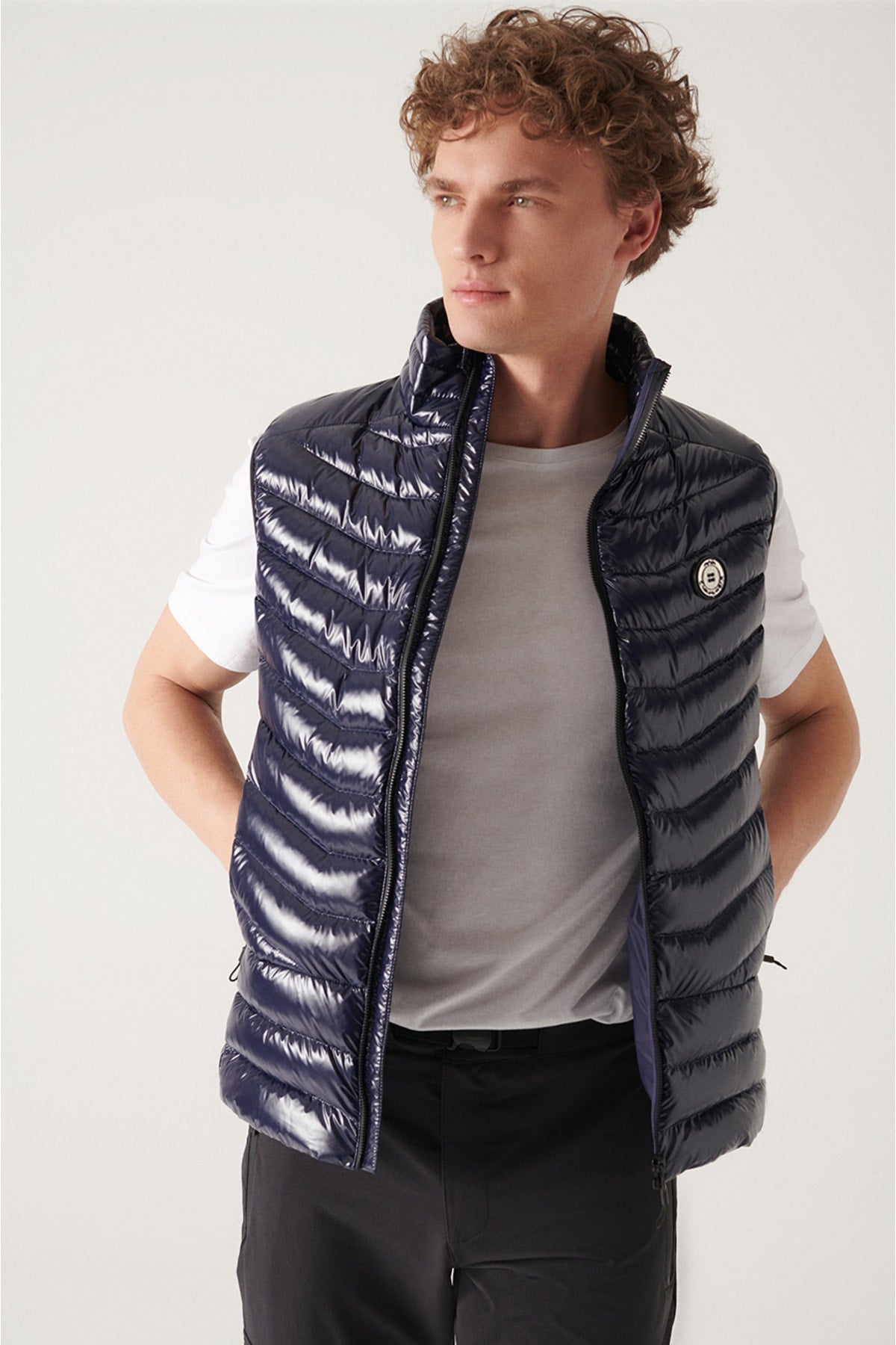 Unisex Navy Blue Water Driving Windproof Bright Goose Feather Swelling Vest E006515