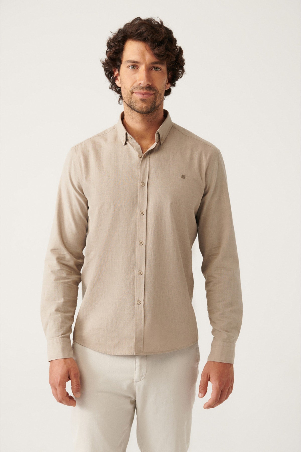 Mink buttoned collar comfort fit 100 %cotton linen textured shirt E002141