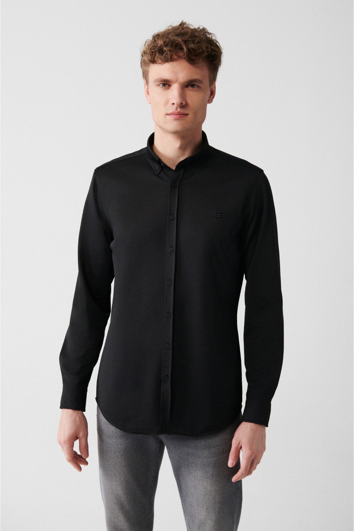 Men's Black Easy ironable textured knitting slim fit shirt A31y2067