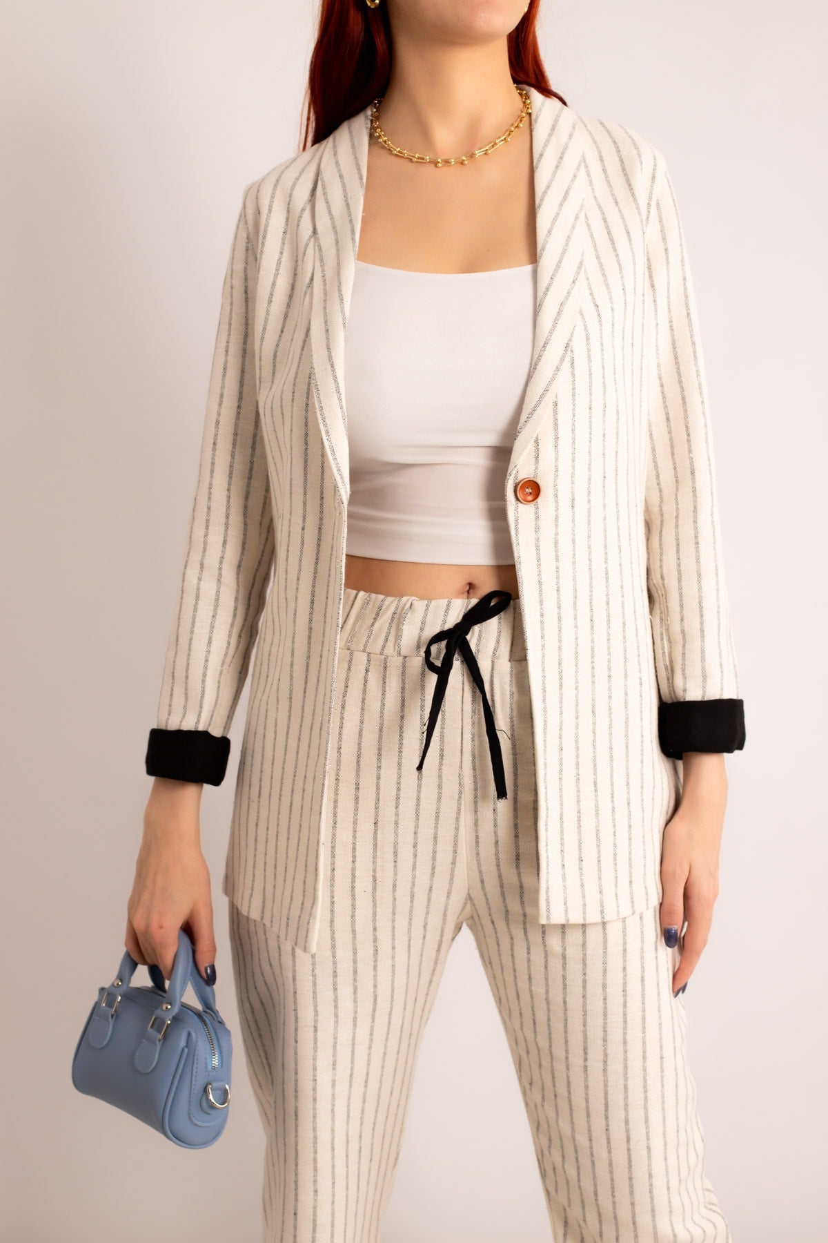 Woman White-Black Fine Striped Single button Jacket ARM-23Y001037