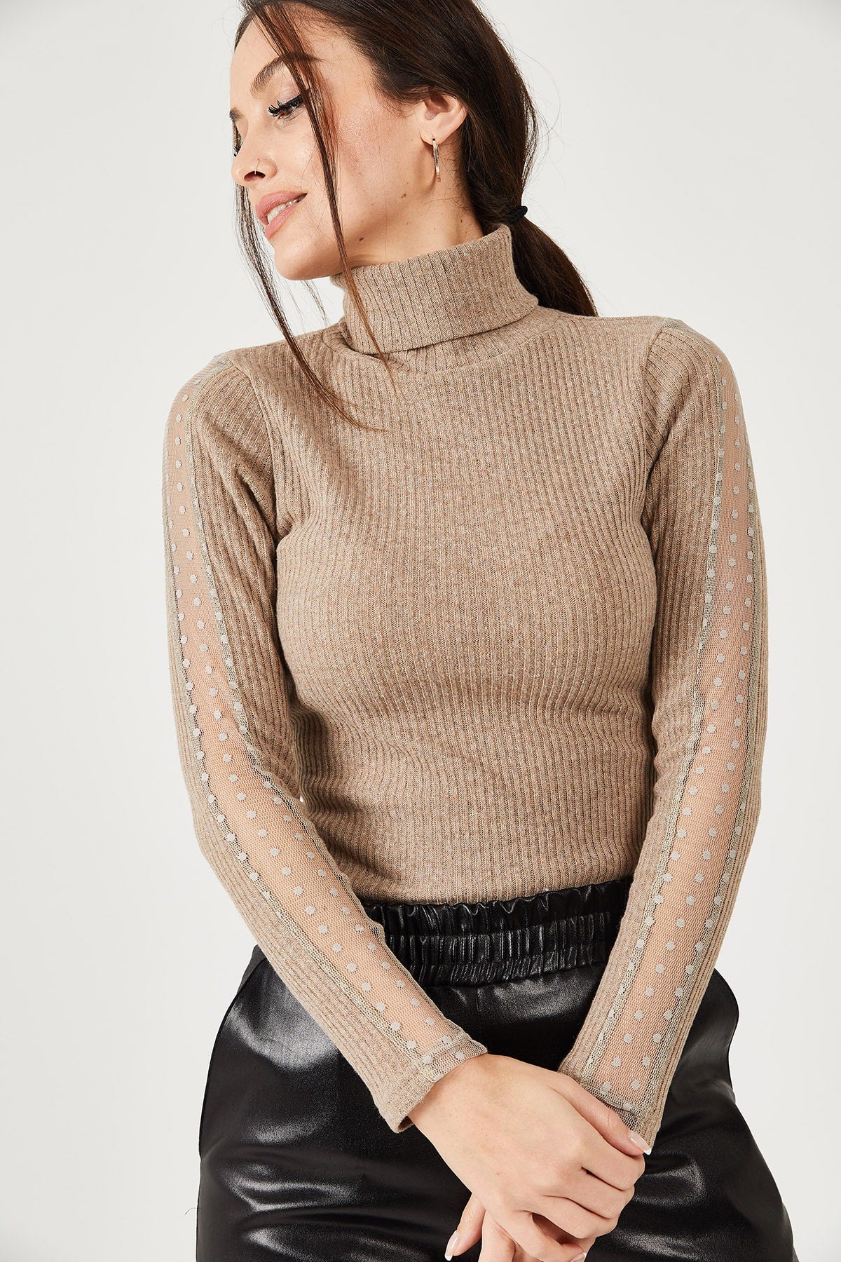 Female beige neck arm lace detailed knitwear sweater ARM-21K001056