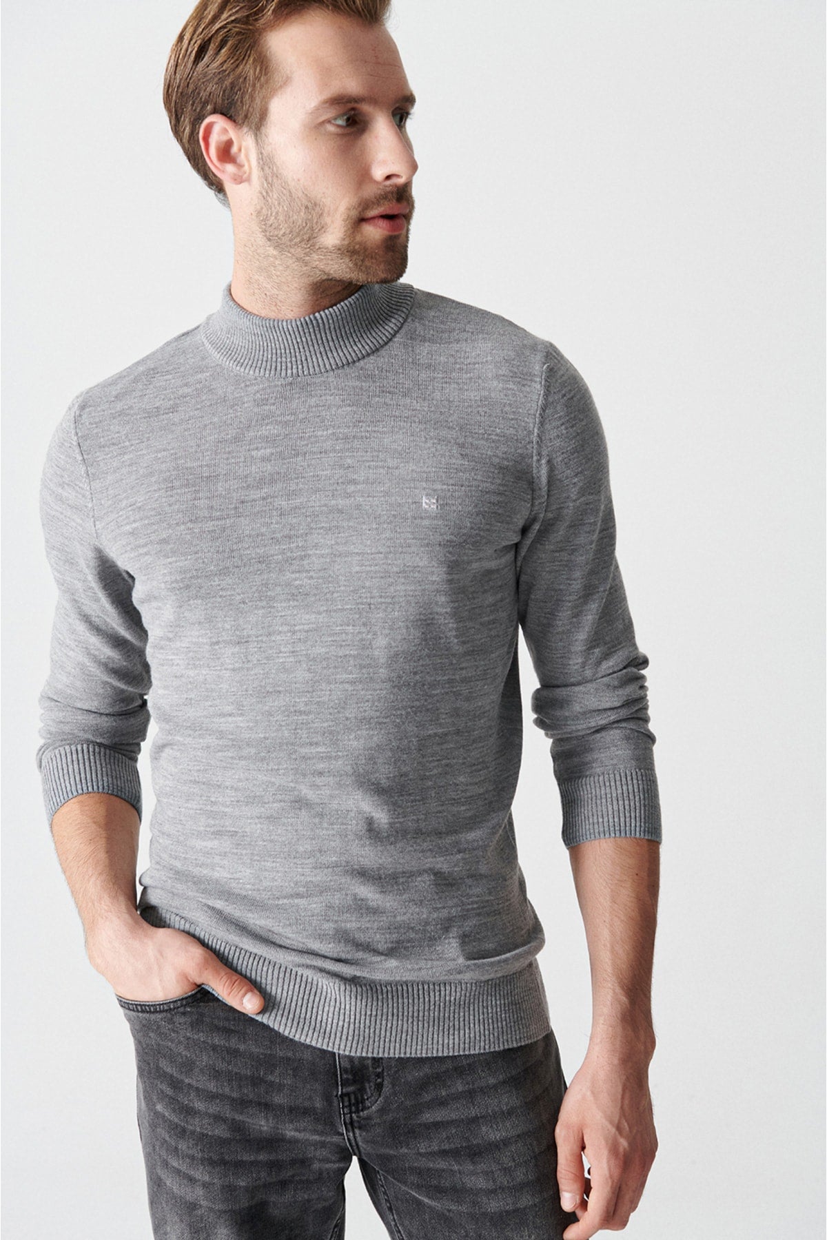 Unisex Gray Half Fisherman Neck Fifty Knitwear Sweater E005001
