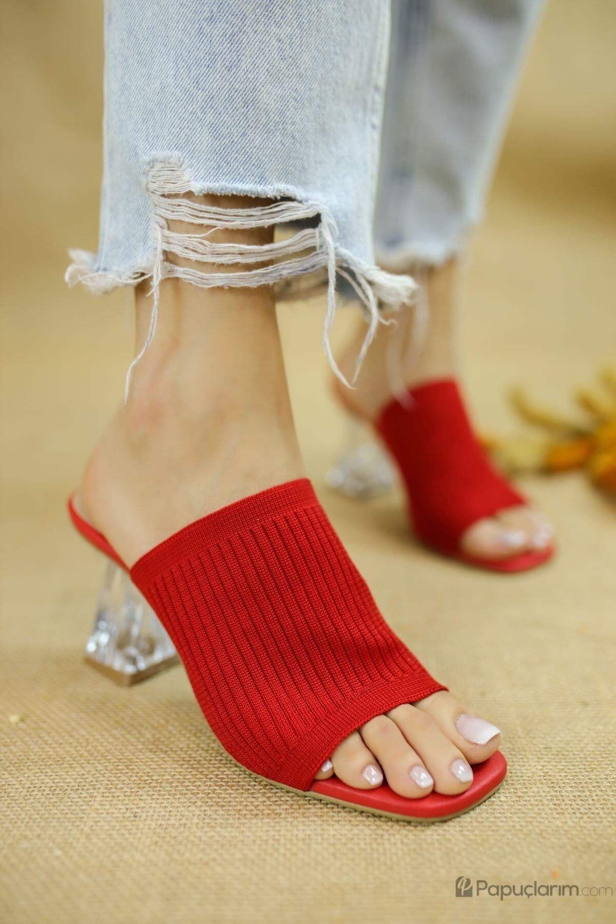 Woman Knitwear Red Slipper with Transparent Heels