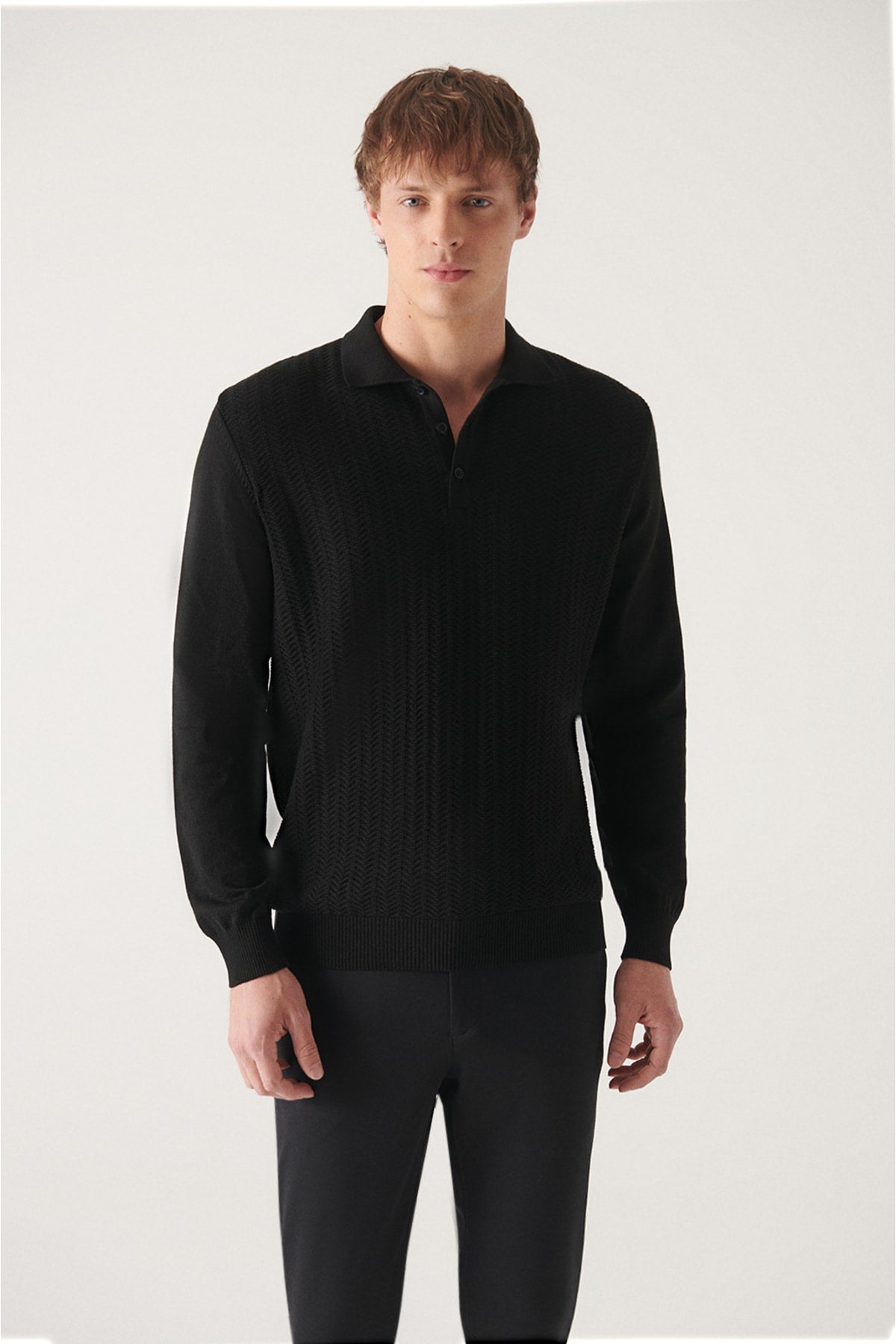 Men's Black Polo Yaka Fishing Patterned Cotton Knitwear Sweater A22y5055