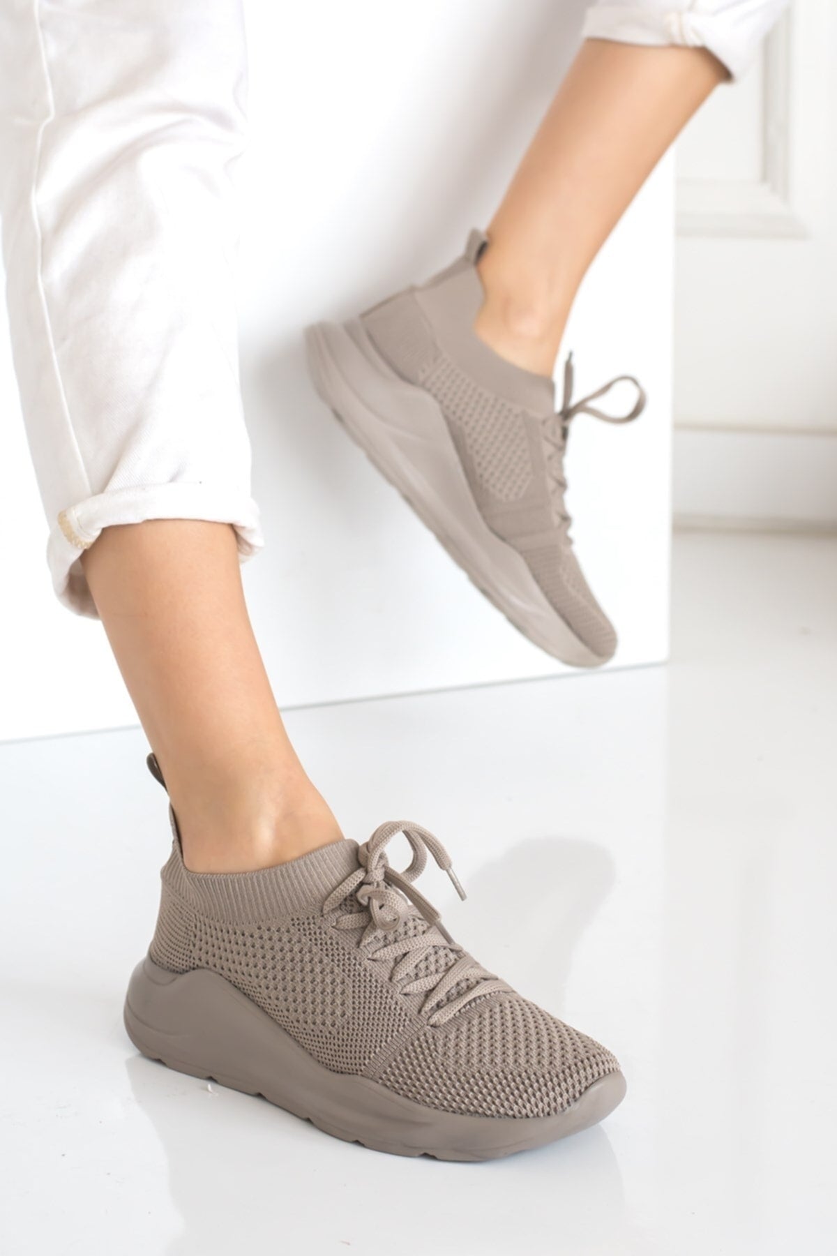 Beige - Women's Knitwear Sneaker Lacked Sock Bracelet Detailed Sneakers