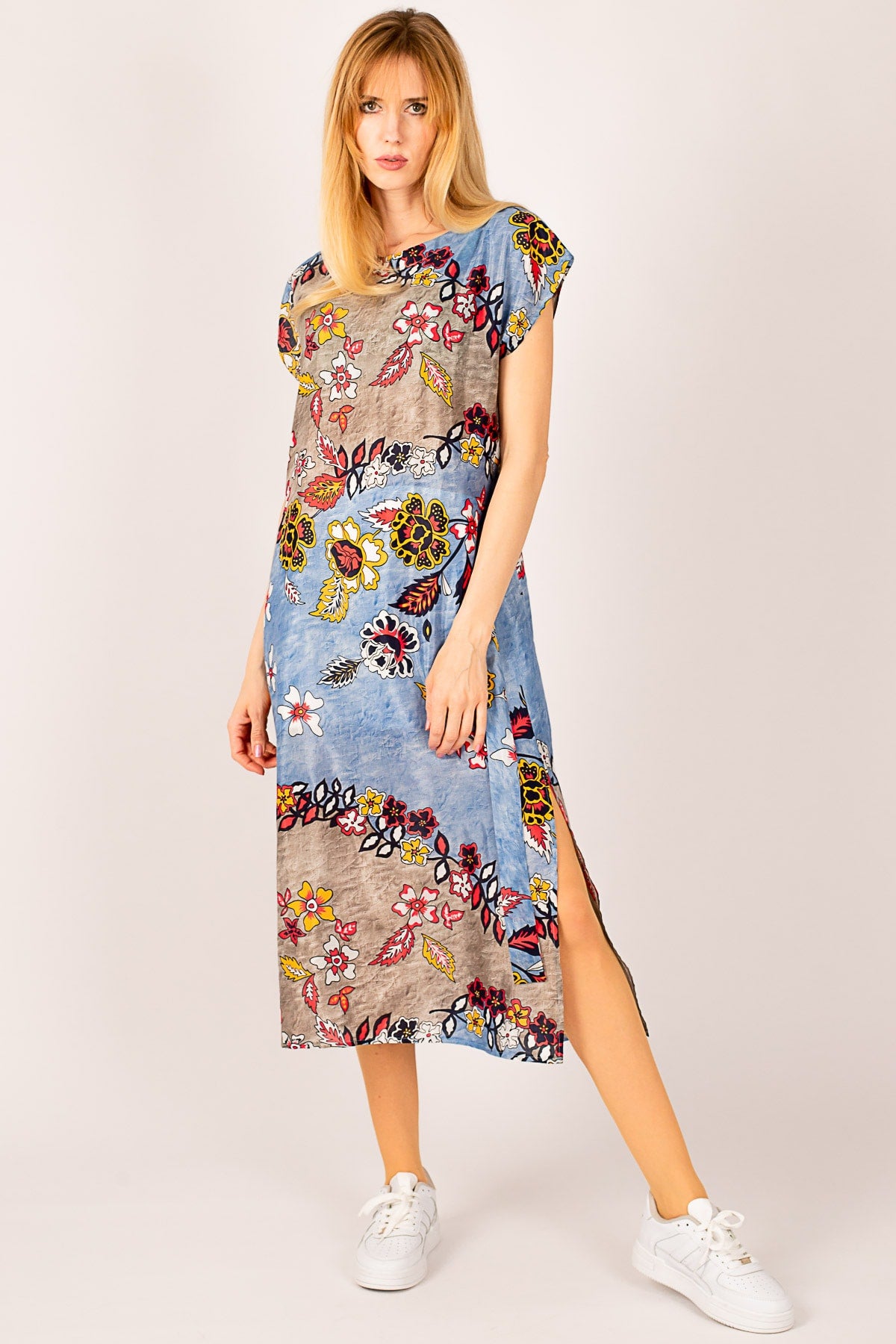 Women's Blue Waist Shirred Side Slit Lined Dress ARM-23Y001017