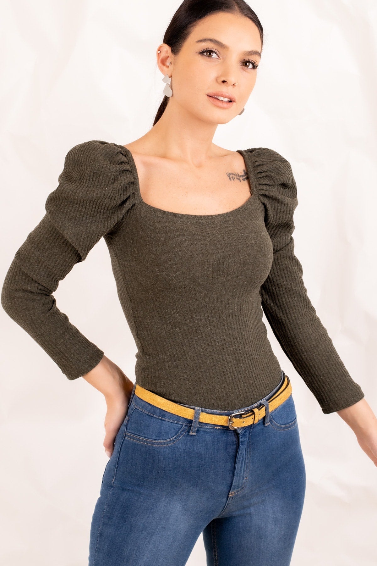 Female Khaki Square Collar Watermelon Arm Triko Sweater ARM-20K001065