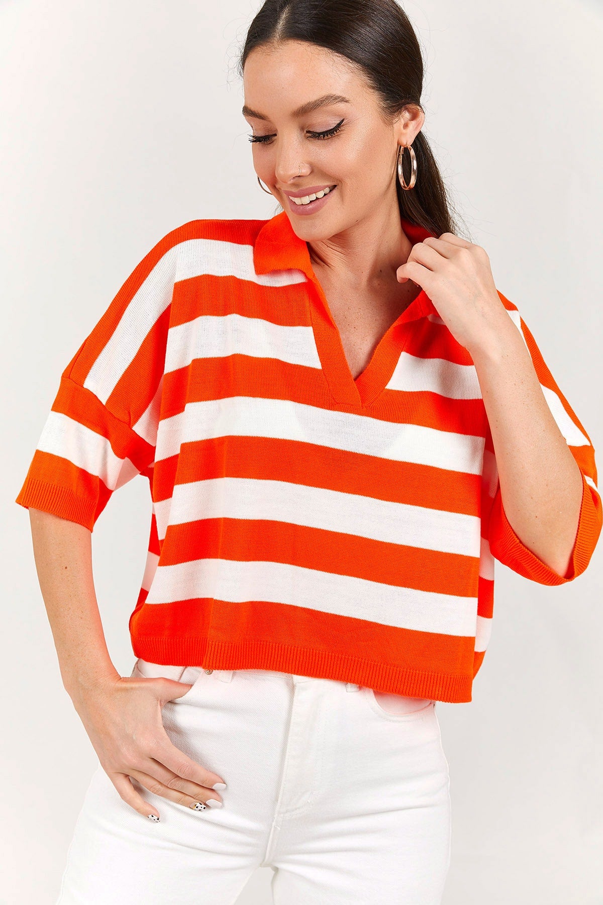 Female neon orange thick striped polo collar shabby short arm blouse ARM-22Y119007