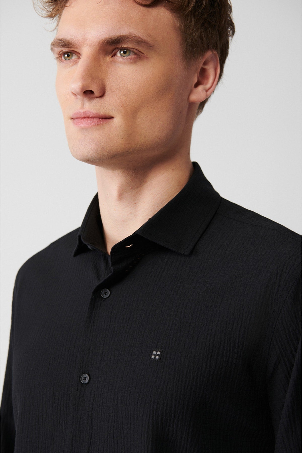 Men's black classic collar wafer cotton slim fit shirt E002068