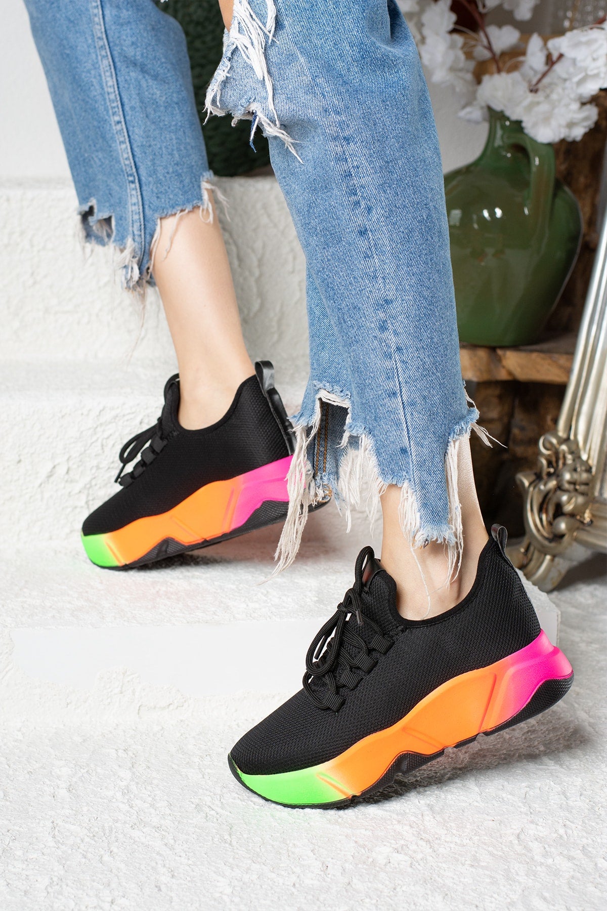 Black - Daily Female Sneaker Lace knitwear flexible light and thick -based walking sneakers 400
