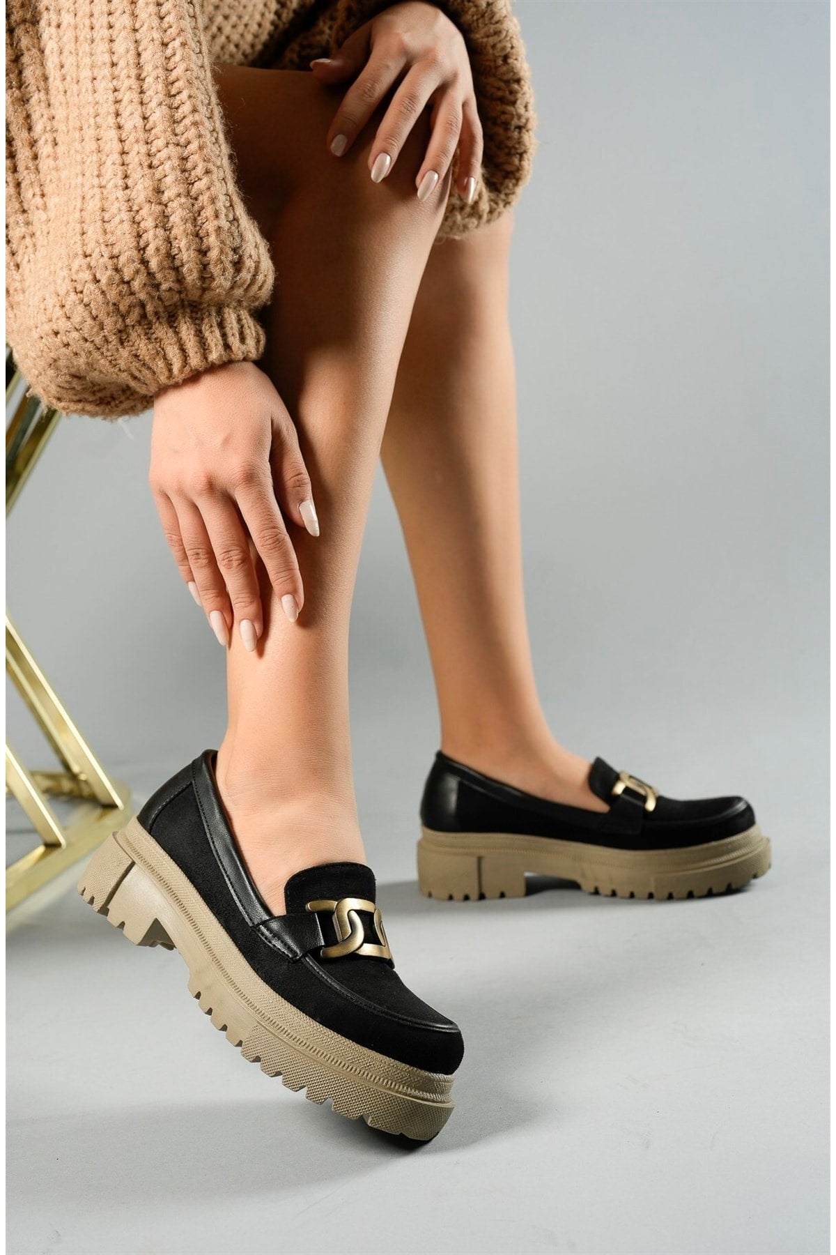 Black Beige Suede Woman Daily Loafer Shoes 00121110