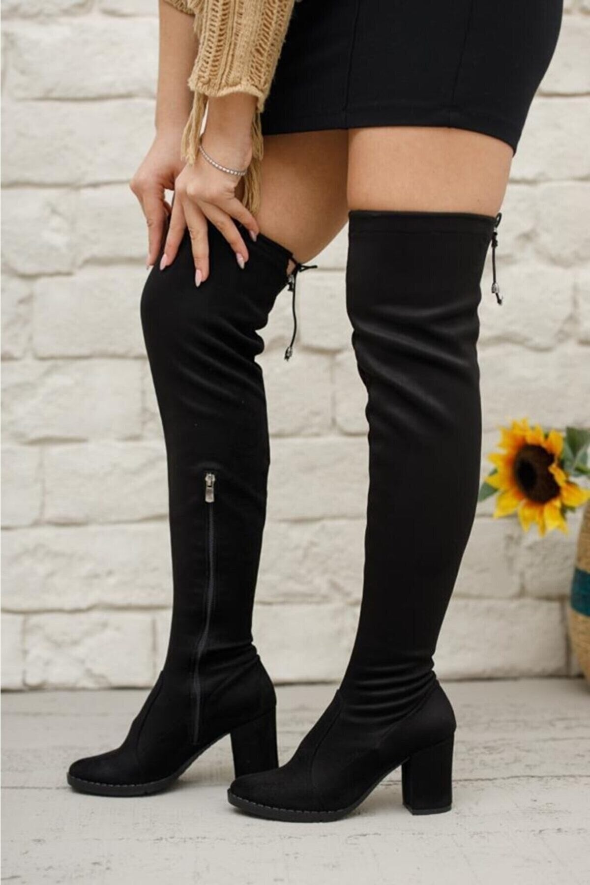 Female black stretch socks suede thick heeled knee boat