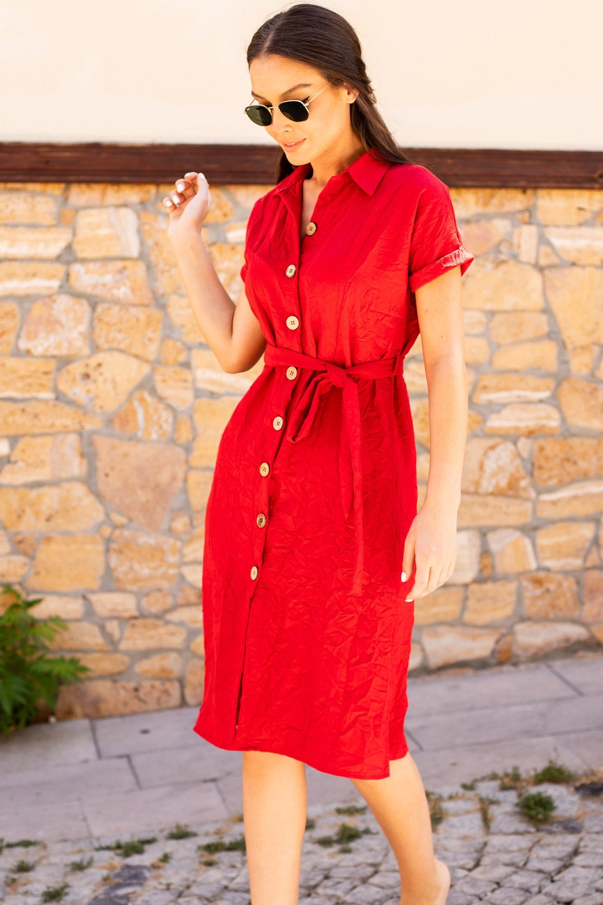 Kadın Kırmızı Beli Kemerli Kısa Kol Gömlek Elbise Arm-19Y001068