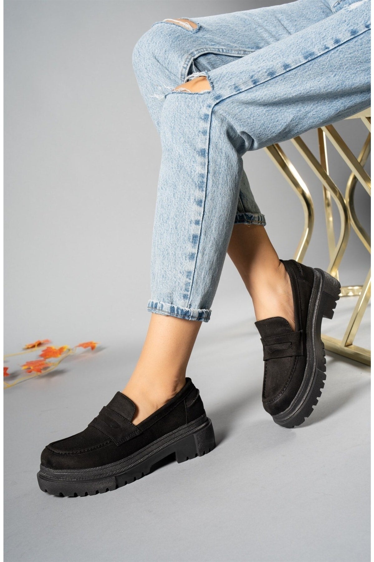 Black Suede Woman Daily Loafer Shoes 00121130
