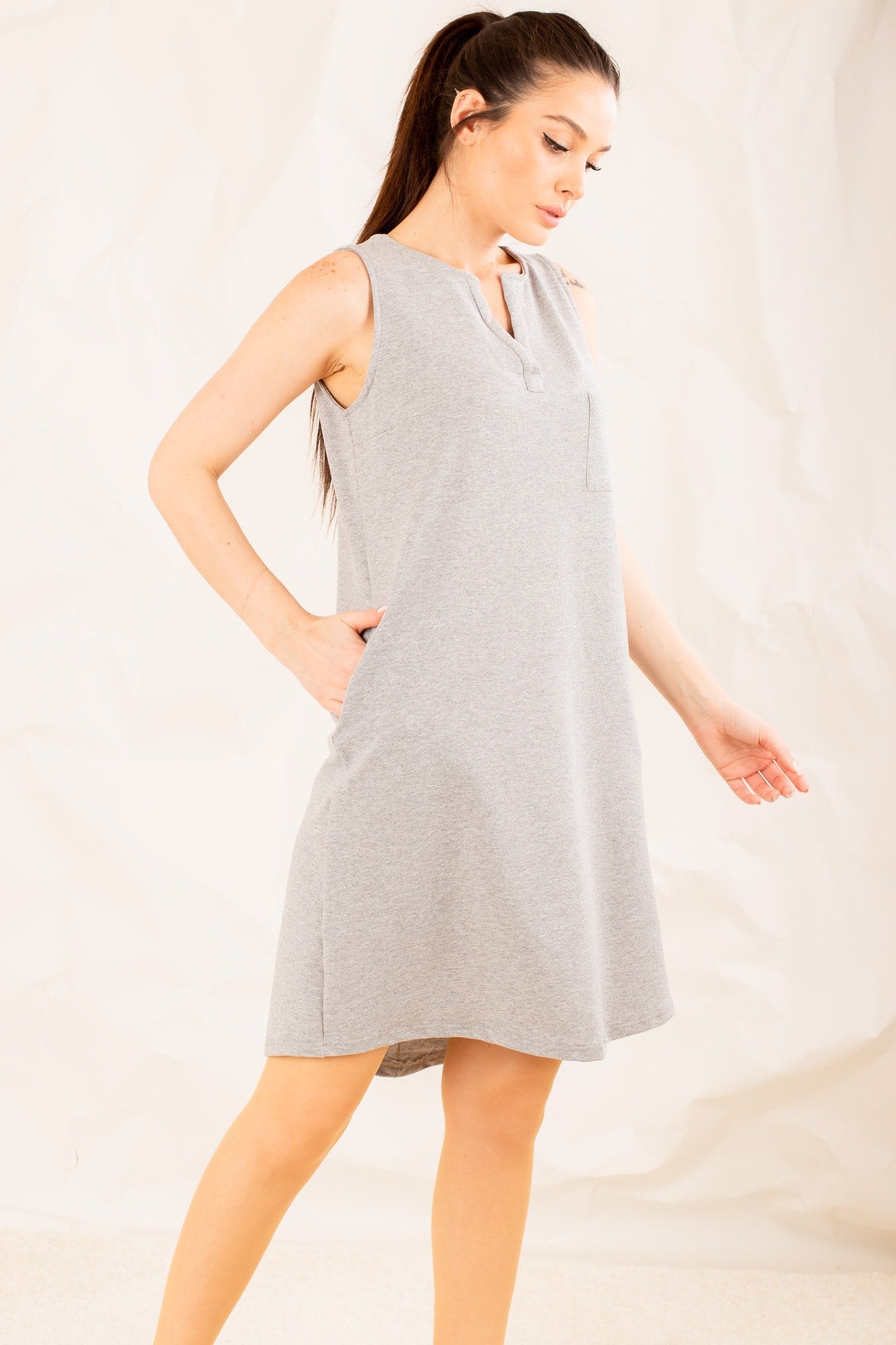 Midi size dress with women's gray pocket ARM-19Y001122