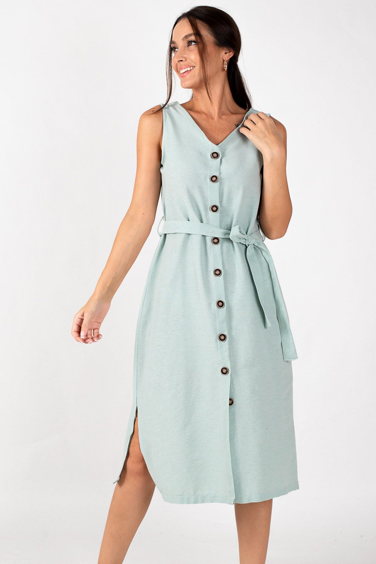 Female Mint Hanger with Waist Tie front buttoned dress ARM-22Y001115
