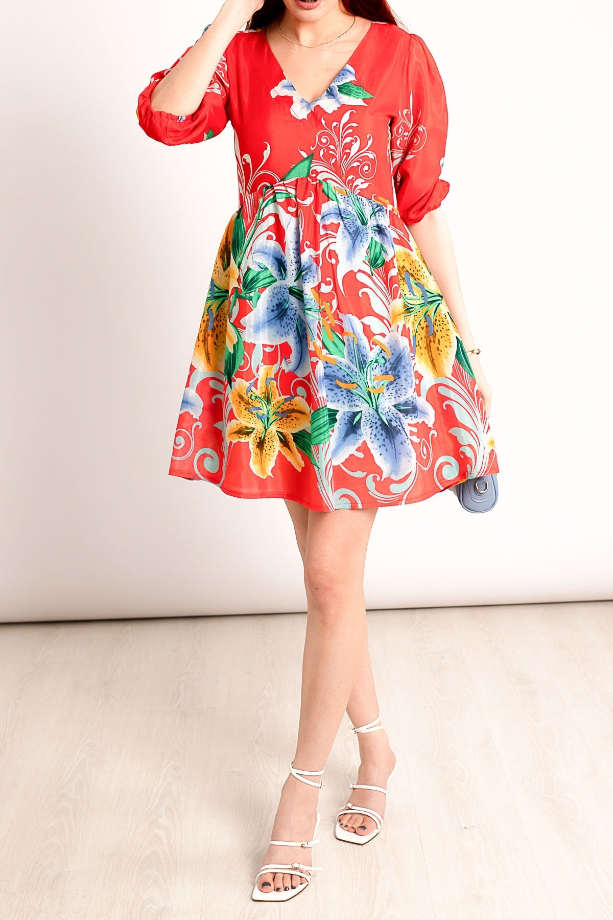 Female Pomegranate Flower Front Rear V-Neck Waist Shirred Primolic Dress ARM-23Y001018