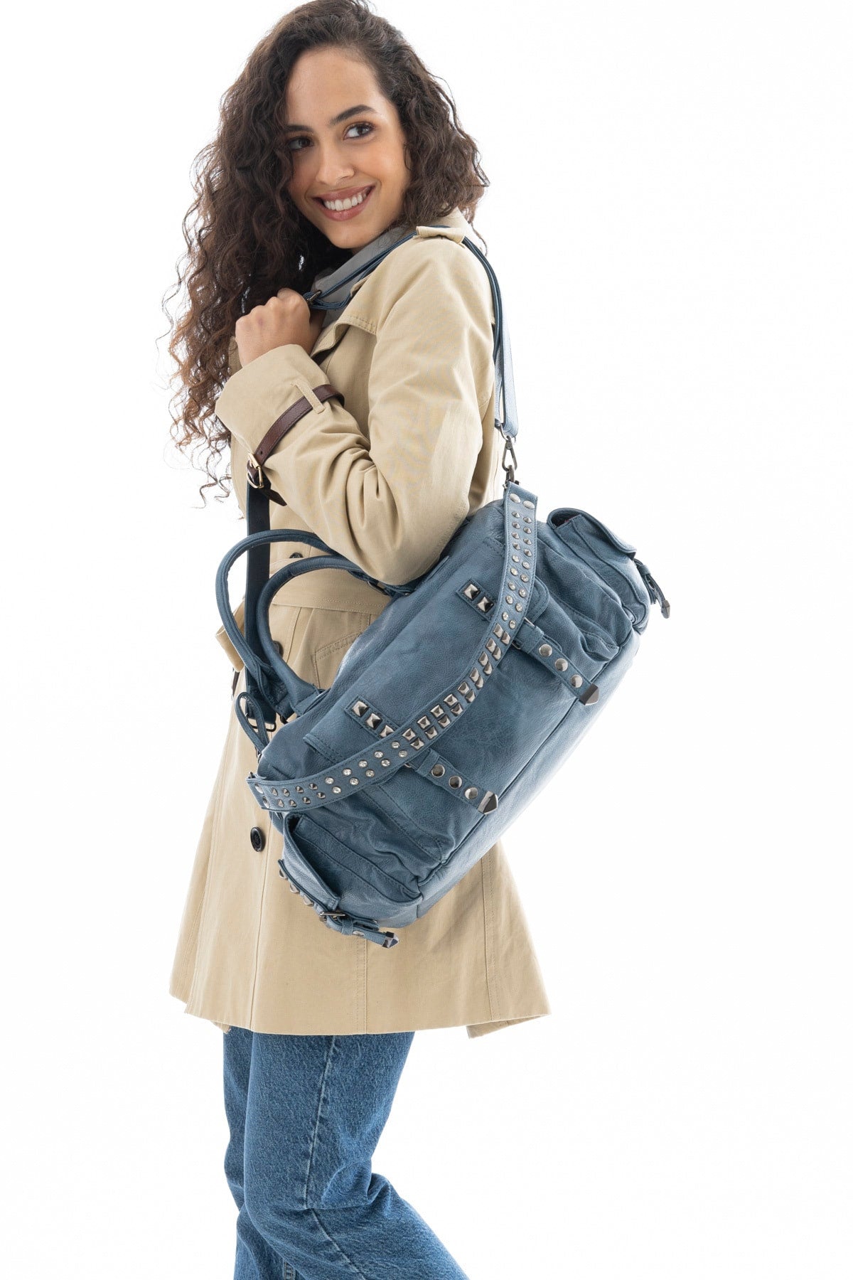 Woman Navy blue staple detailed shoulder bag