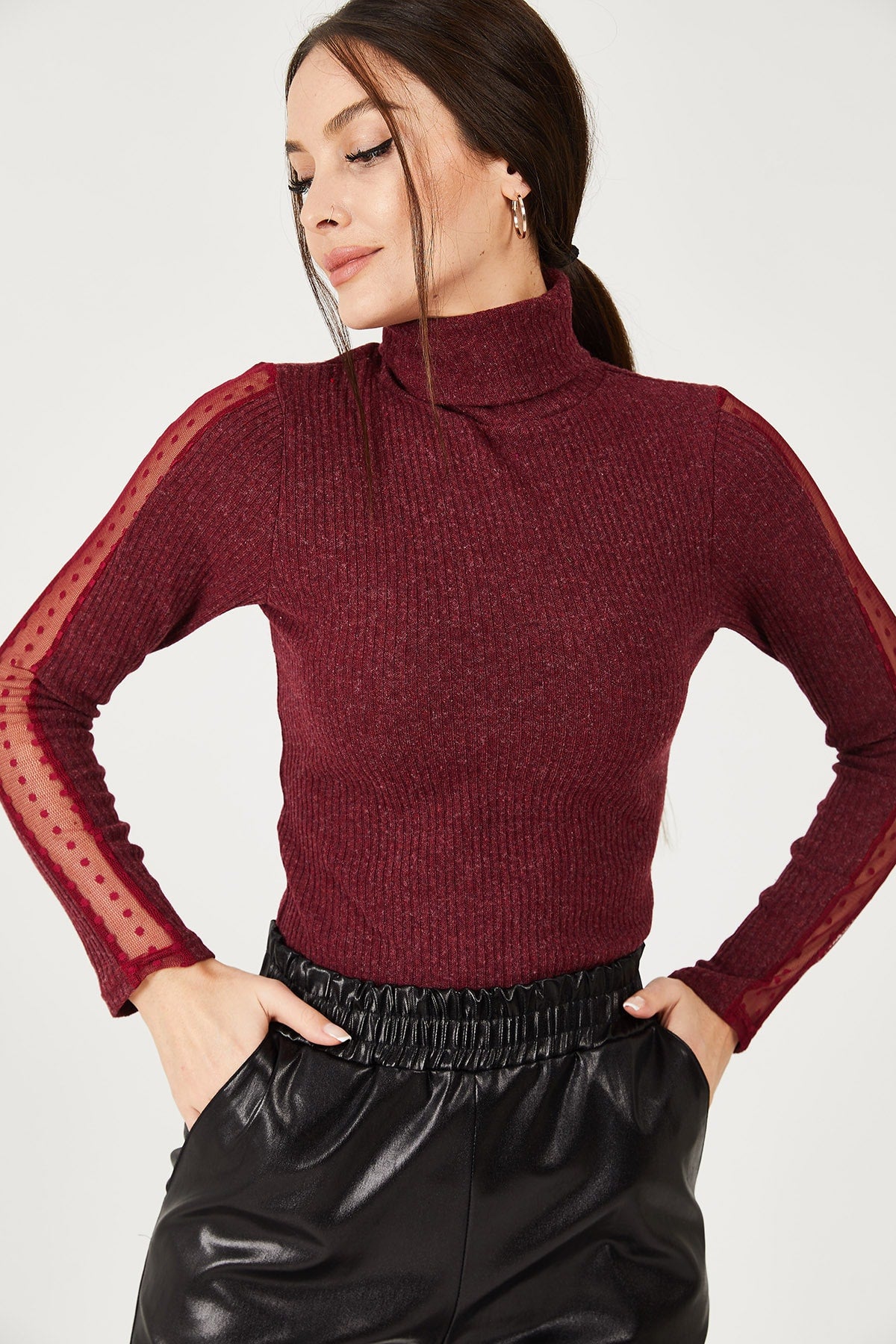 Female burgundy neck lever lace detailed knitwear sweater ARM-21K001056