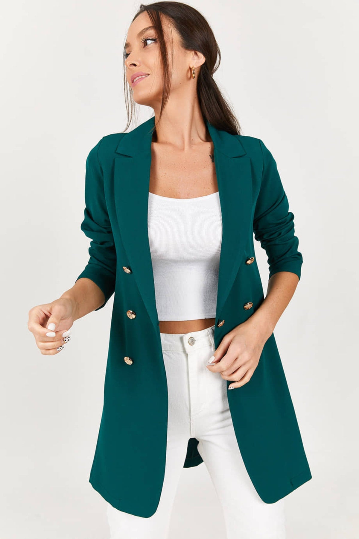 Buttoned woman long jacket dark green