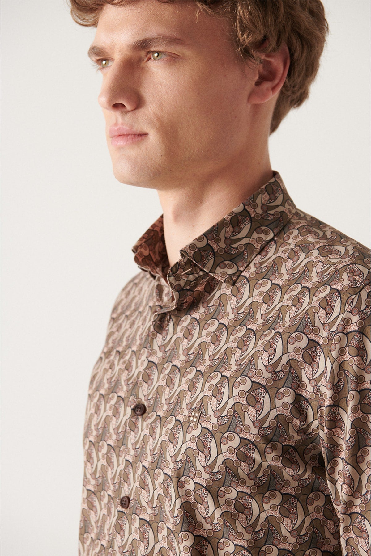 Men's Brown Abstract Patterned 100 %Cotton Slim Fit Shirt A22Y2001