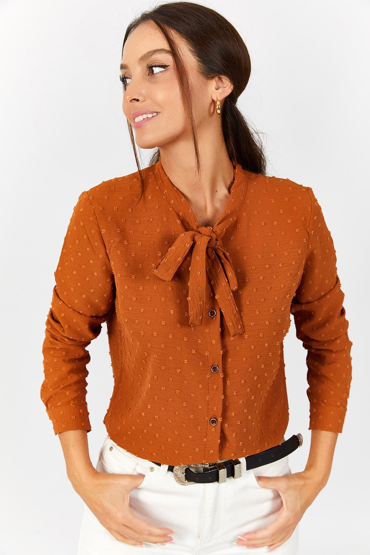 Female Camel collar connected patterned shirt ARM-20K001150