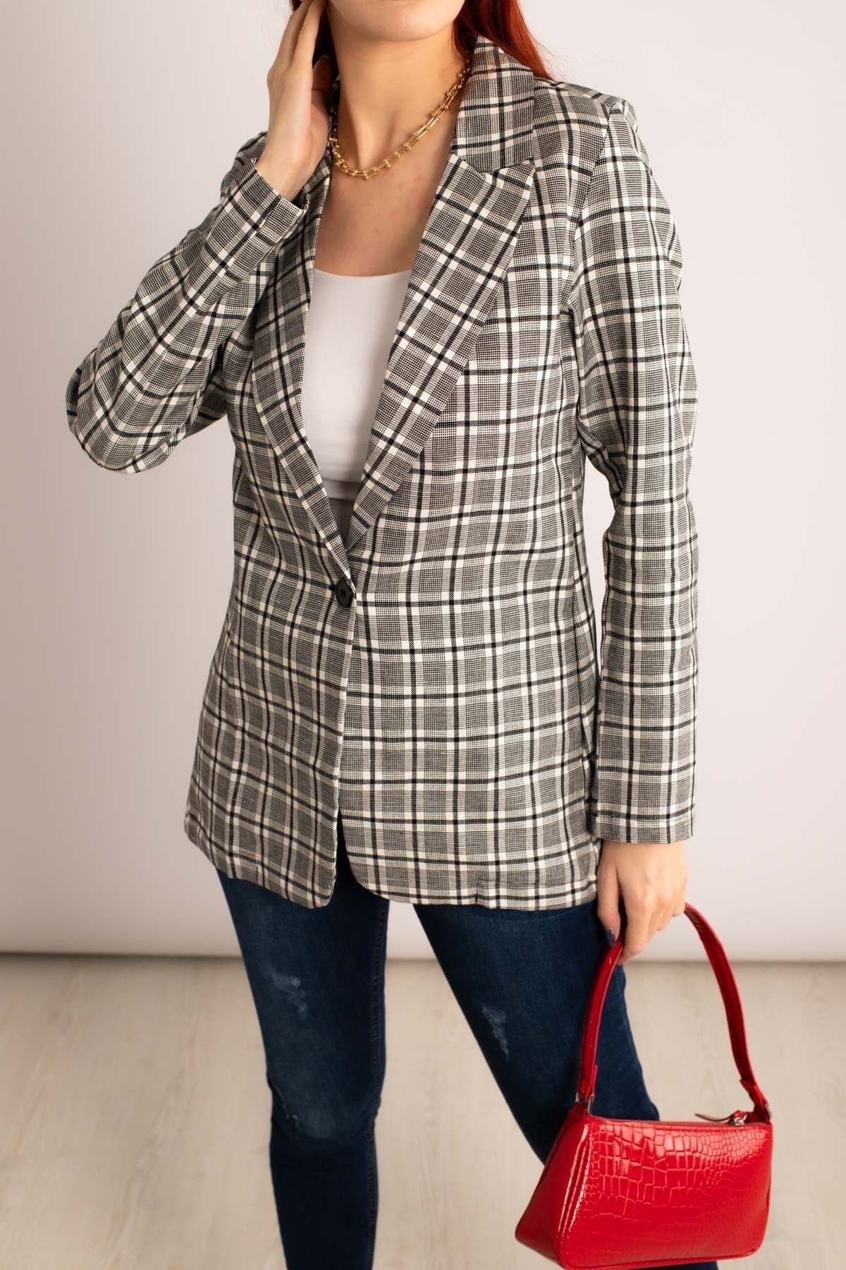 Female black plaid pattern single button jacket ARM-23Y001046