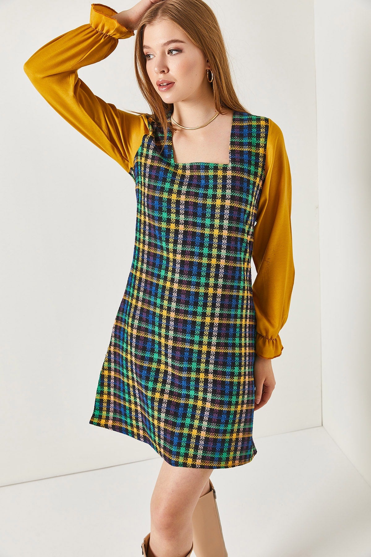 Female mustard plaid square collar long sleeve dress ARM-221182