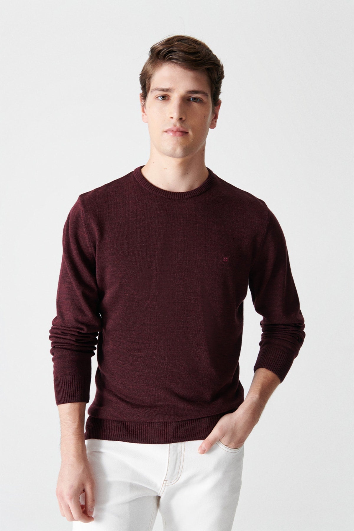 Men's burgundy bike collar regular non -hairy fit sweater E005000
