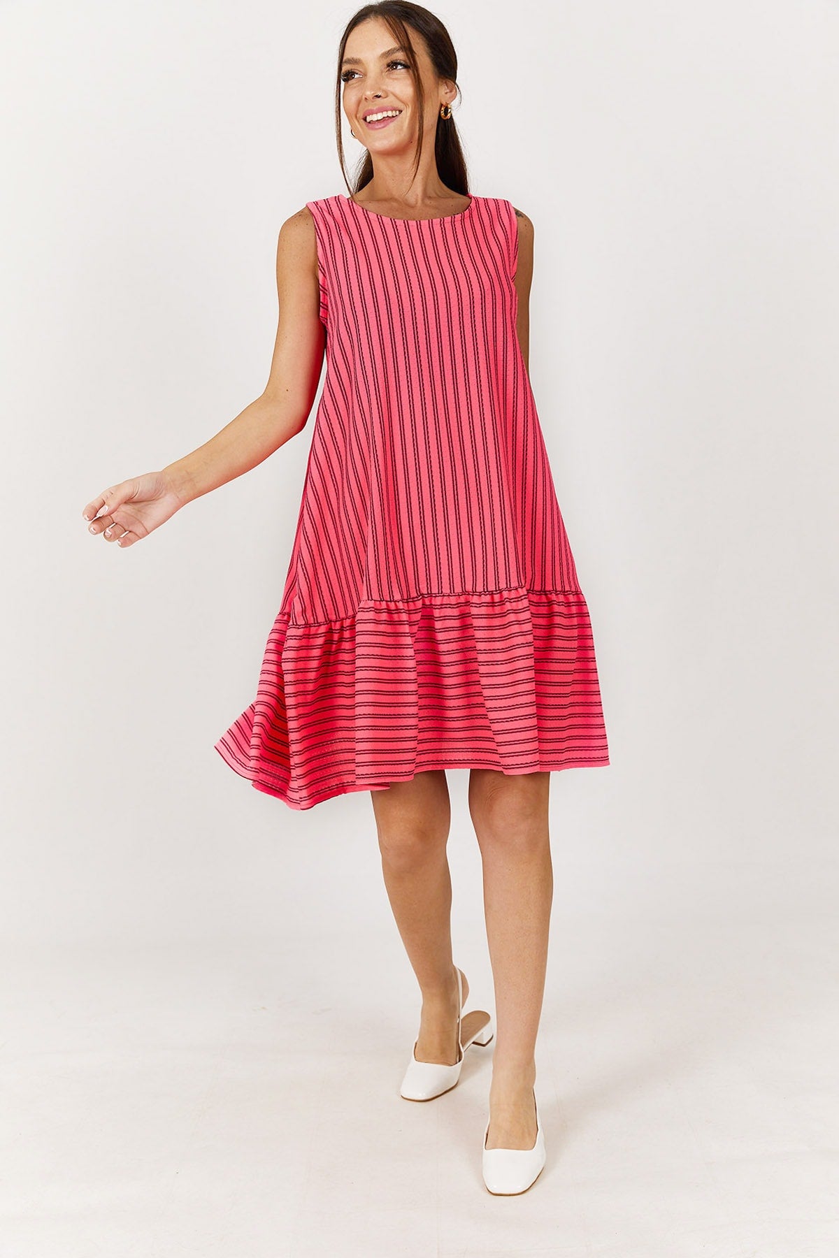 Female Neon Pink striped skirt frilly sleeveless dress ARM-221078