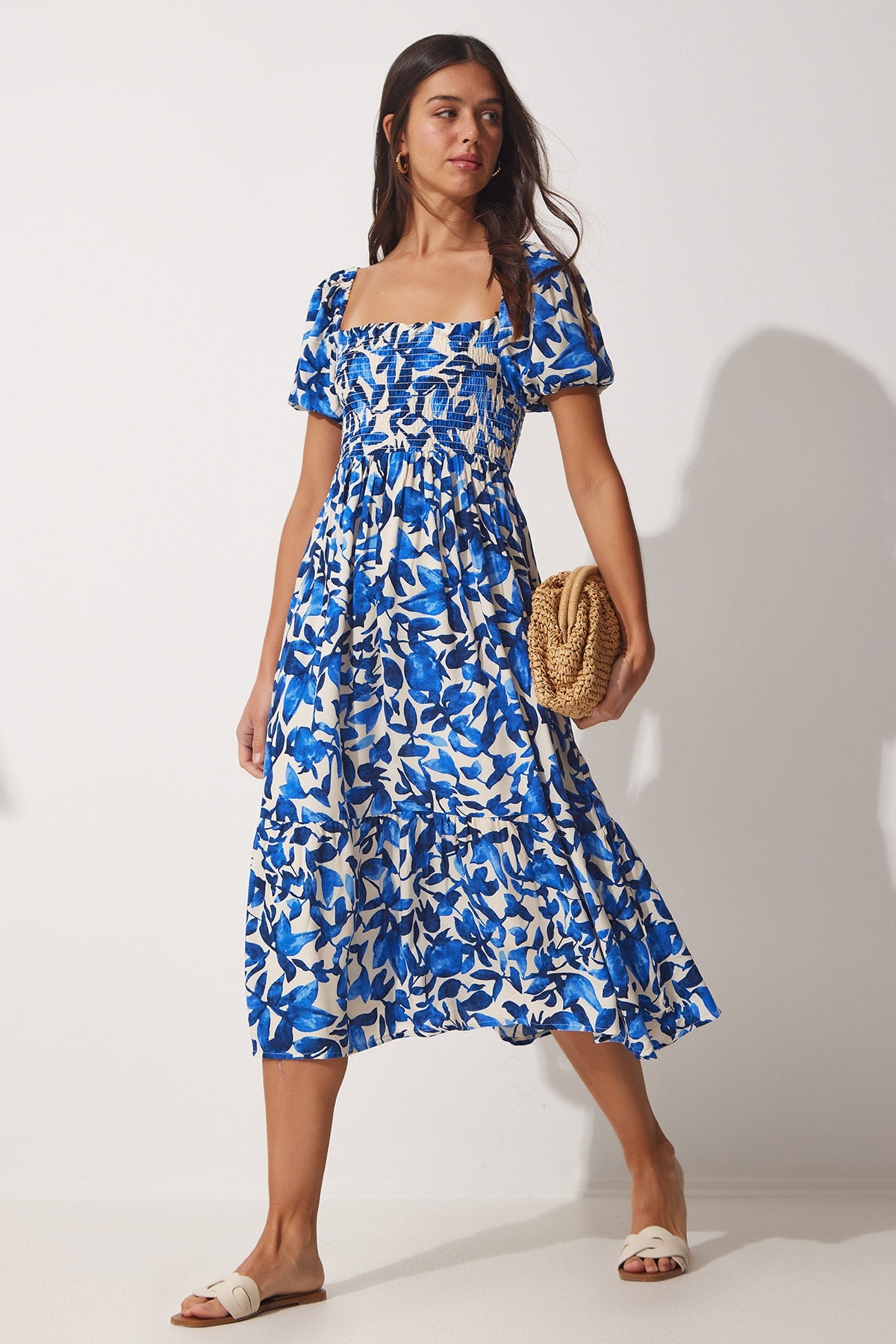 Women's Blue Flower Patterned Summer Viscose Dress CI00079