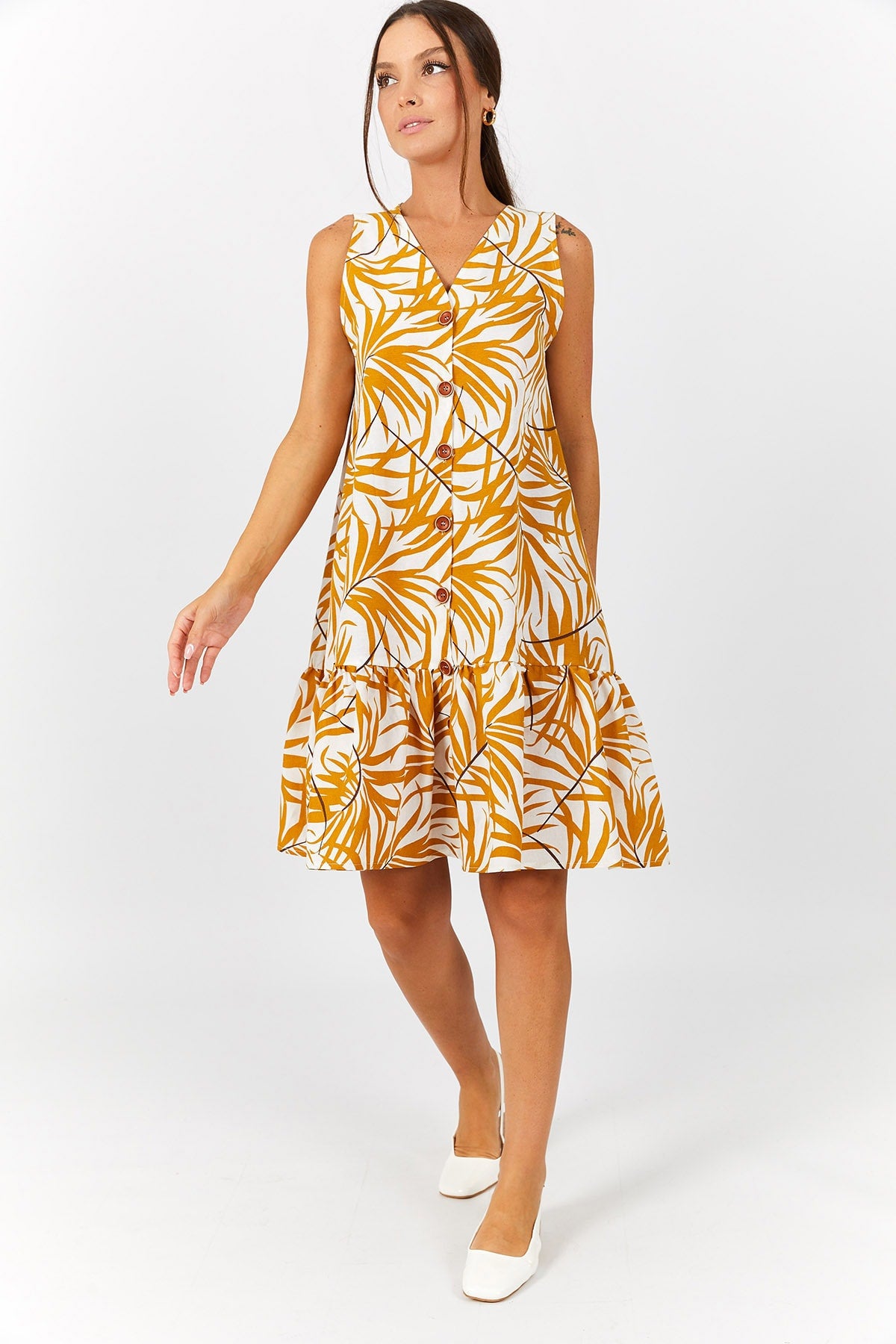 Female mustard patterned skirt with frilly front button sleeveless dress ARM-221154
